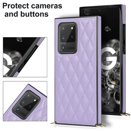 For Samsung Galaxy S20 Ultra Elegant Rhombic Pattern Microfiber Leather +TPU Shockproof Case with Crossbody Strap Chain(Purple)-garmade.com