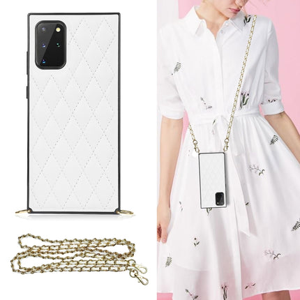 For Samsung Galaxy S20 Elegant Rhombic Pattern Microfiber Leather +TPU Shockproof Case with Crossbody Strap Chain(White)-garmade.com