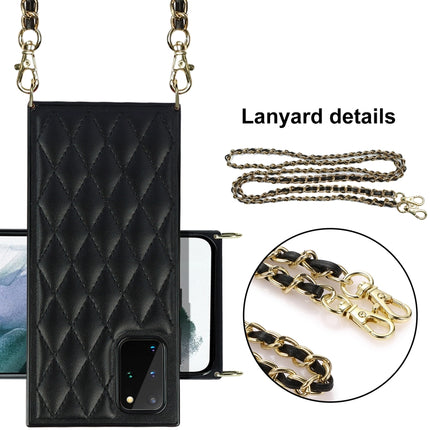 For Samsung Galaxy S20+ Elegant Rhombic Pattern Microfiber Leather +TPU Shockproof Case with Crossbody Strap Chain(Black)-garmade.com