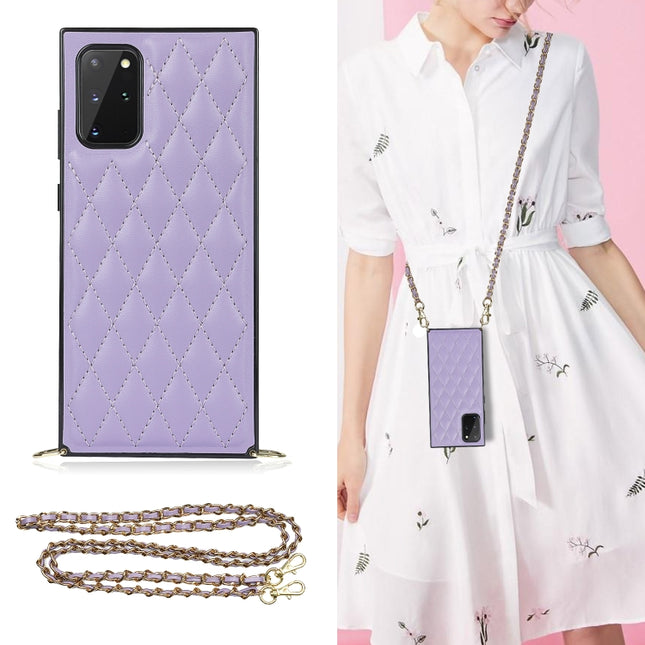 For Samsung Galaxy S20+ Elegant Rhombic Pattern Microfiber Leather +TPU Shockproof Case with Crossbody Strap Chain(Purple)-garmade.com