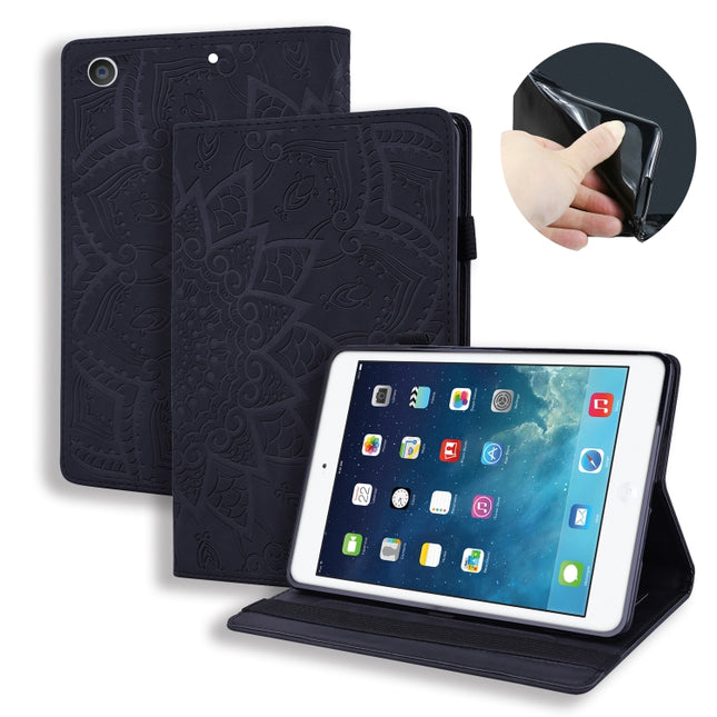For iPad 10.2 2021 / 2020 / 2019 Calf Pattern Double Folding Design Embossed Leather Case with Holder & Card Slots & Pen Slot & Elastic Band(Black)-garmade.com