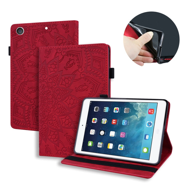 For iPad 10.2 2021 / 2020 / 2019 Calf Pattern Double Folding Design Embossed Leather Case with Holder & Card Slots & Pen Slot & Elastic Band(Red)-garmade.com