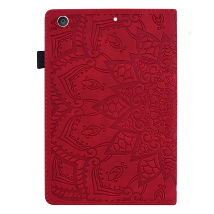 For iPad 10.2 2021 / 2020 / 2019 Calf Pattern Double Folding Design Embossed Leather Case with Holder & Card Slots & Pen Slot & Elastic Band(Red)-garmade.com