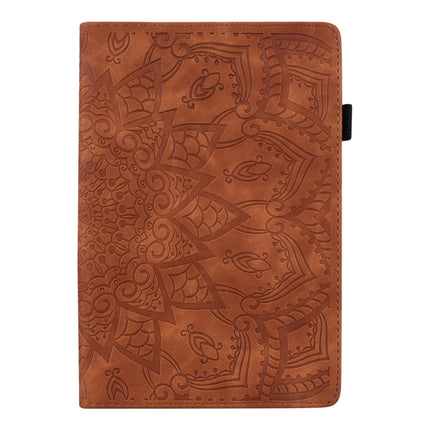 For iPad 10.2 2021 / 2020 / 2019 Calf Pattern Double Folding Design Embossed Leather Case with Holder & Card Slots & Pen Slot & Elastic Band(Brown)-garmade.com
