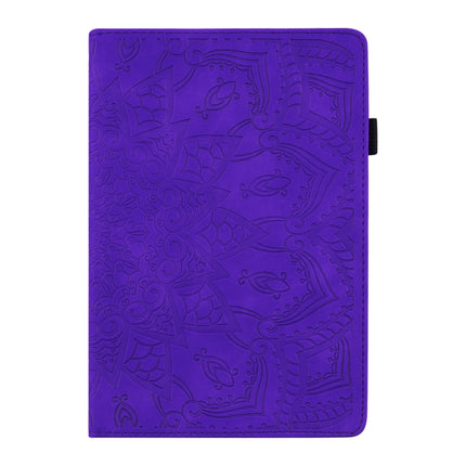 For iPad 10.2 2021 / 2020 / 2019 Calf Pattern Double Folding Design Embossed Leather Case with Holder & Card Slots & Pen Slot & Elastic Band(Purple)-garmade.com
