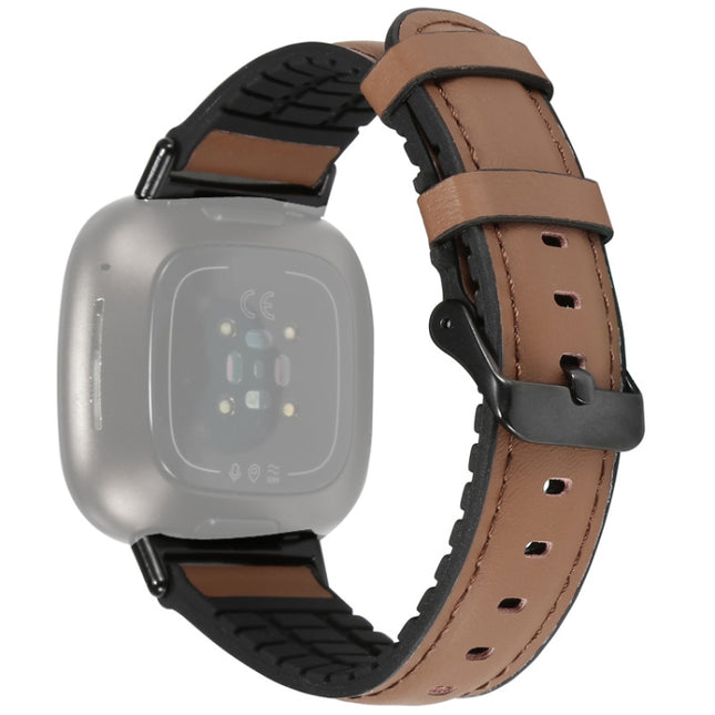 For Fitbit Versa 3 Leather + Silicone Replacement Strap Watchband(Brown)-garmade.com