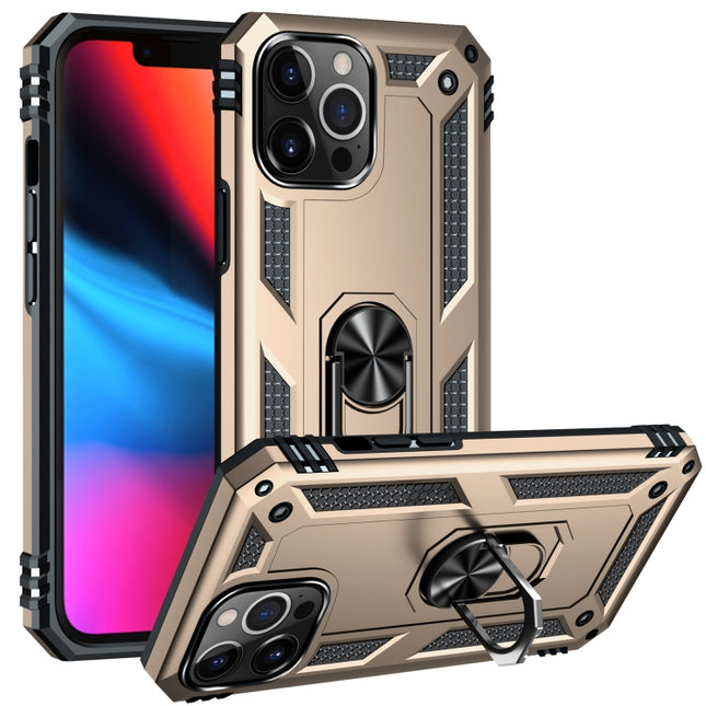 Shockproof TPU + PC Protective Case with 360 Degree Rotating Holder For iPhone 13 Pro(Gold)-garmade.com