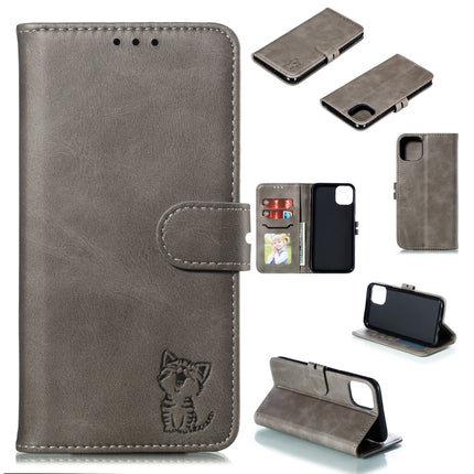 Embossed Happy Cat Pattern Horizontal Flip Leather Case with Holder & Card Slots & Wallet For iPhone 13 mini(Grey)-garmade.com