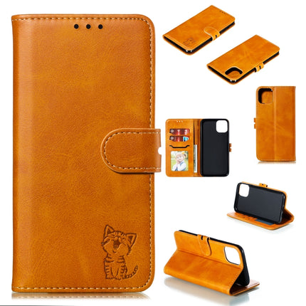 Embossed Happy Cat Pattern Horizontal Flip Leather Case with Holder & Card Slots & Wallet For iPhone 13 mini(Yellow)-garmade.com