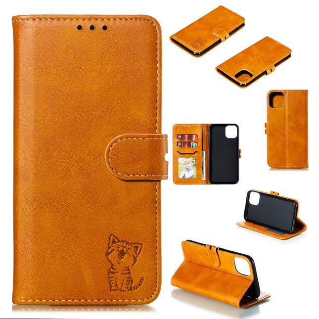 Embossed Happy Cat Pattern Horizontal Flip Leather Case with Holder & Card Slots & Wallet For iPhone 13 Pro(Yellow)-garmade.com