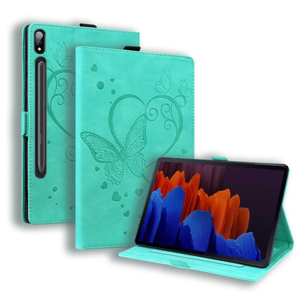 For Samsung Tab S7+ T970 T976B Love Butterfly Pattern Horizontal Flip Leather Case with Holder(Green)-garmade.com