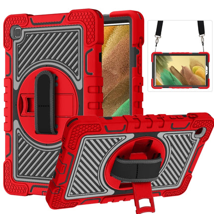 For Samsung Galaxy Tab A7 Lite T220 / T225 360 Degree Rotation Contrast Color Shockproof Silicone + PC Case with Holder & Hand Grip Strap & Shoulder Strap(Red+Black)-garmade.com