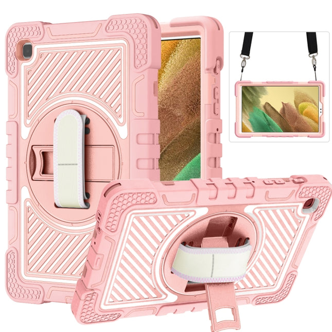 For Samsung Galaxy Tab A7 Lite T220 / T225 360 Degree Rotation Contrast Color Shockproof Silicone + PC Case with Holder & Hand Grip Strap & Shoulder Strap(Rose Gold)-garmade.com
