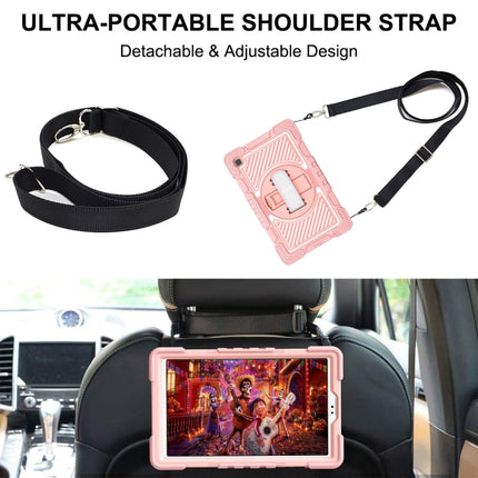 For Samsung Galaxy Tab A7 Lite T220 / T225 360 Degree Rotation Contrast Color Shockproof Silicone + PC Case with Holder & Hand Grip Strap & Shoulder Strap(Rose Gold)-garmade.com