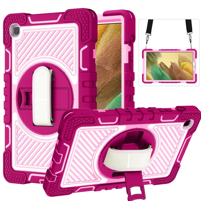For Samsung Galaxy Tab A7 Lite T220 / T225 360 Degree Rotation Contrast Color Shockproof Silicone + PC Case with Holder & Hand Grip Strap & Shoulder Strap(Rose Red+Pink)-garmade.com