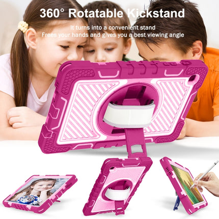 For Samsung Galaxy Tab A7 Lite T220 / T225 360 Degree Rotation Contrast Color Shockproof Silicone + PC Case with Holder & Hand Grip Strap & Shoulder Strap(Rose Red+Pink)-garmade.com