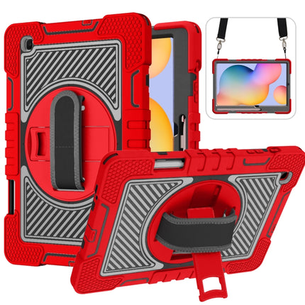 For Samsung Galaxy Tab S6 Lite P610/P615 360 Degree Rotation Contrast Color Shockproof Silicone + PC Case with Holder & Hand Grip Strap & Shoulder Strap(Red+Black)-garmade.com