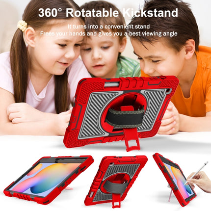 For Samsung Galaxy Tab S6 Lite P610/P615 360 Degree Rotation Contrast Color Shockproof Silicone + PC Case with Holder & Hand Grip Strap & Shoulder Strap(Red+Black)-garmade.com