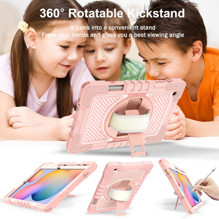 For Samsung Galaxy Tab S6 Lite P610/P615 360 Degree Rotation Contrast Color Shockproof Silicone + PC Case with Holder & Hand Grip Strap & Shoulder Strap(Rose Gold)-garmade.com