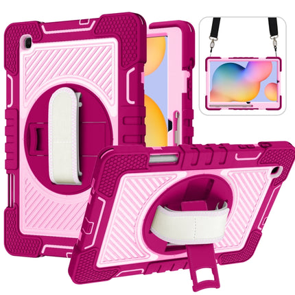 For Samsung Galaxy Tab S6 Lite P610/P615 360 Degree Rotation Contrast Color Shockproof Silicone + PC Case with Holder & Hand Grip Strap & Shoulder Strap(Rose Red+Pink)-garmade.com