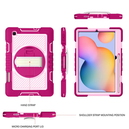 For Samsung Galaxy Tab S6 Lite P610/P615 360 Degree Rotation Contrast Color Shockproof Silicone + PC Case with Holder & Hand Grip Strap & Shoulder Strap(Rose Red+Pink)-garmade.com