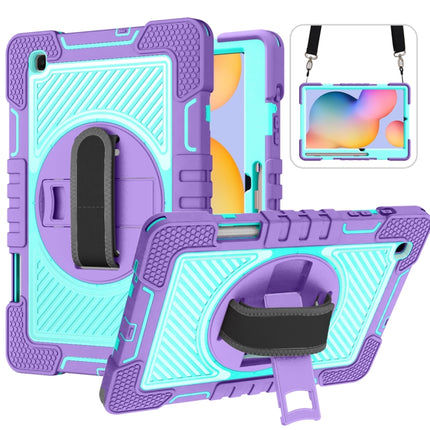 For Samsung Galaxy Tab S6 Lite P610/P615 360 Degree Rotation Contrast Color Shockproof Silicone + PC Case with Holder & Hand Grip Strap & Shoulder Strap(Purple + Mint Green)-garmade.com