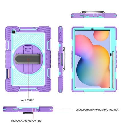 For Samsung Galaxy Tab S6 Lite P610/P615 360 Degree Rotation Contrast Color Shockproof Silicone + PC Case with Holder & Hand Grip Strap & Shoulder Strap(Purple + Mint Green)-garmade.com
