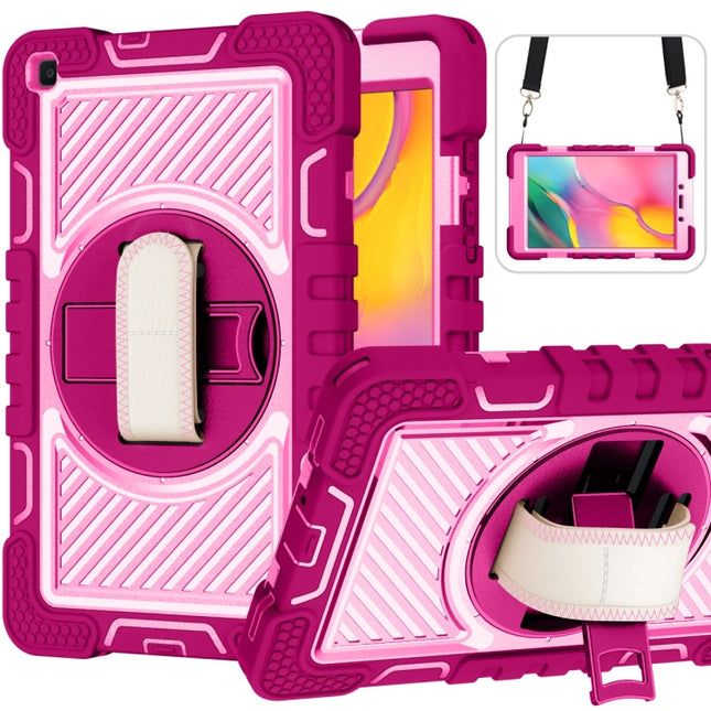 For Samsung Galaxy Tab A 8.0 2019 T290 360 Degree Rotation Contrast Color Shockproof Silicone + PC Case with Holder & Hand Grip Strap & Shoulder Strap(Rose Red+Pink)-garmade.com
