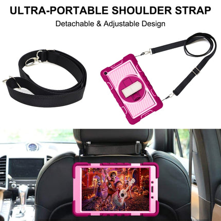 For Samsung Galaxy Tab A 8.0 2019 T290 360 Degree Rotation Contrast Color Shockproof Silicone + PC Case with Holder & Hand Grip Strap & Shoulder Strap(Rose Red+Pink)-garmade.com