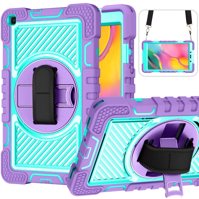 For Samsung Galaxy Tab A 8.0 2019 T290 360 Degree Rotation Contrast Color Shockproof Silicone + PC Case with Holder & Hand Grip Strap & Shoulder Strap(Purple + Mint Green)-garmade.com