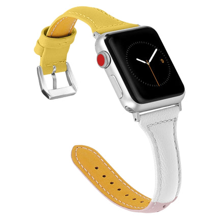 Three-color T-shape Leather Watch Band For Apple Watch Series 9&8&7 41mm / SE 3&SE 2&6&SE&5&4 40mm / 3&2&1 38mm (White Pink+Yellow)-garmade.com