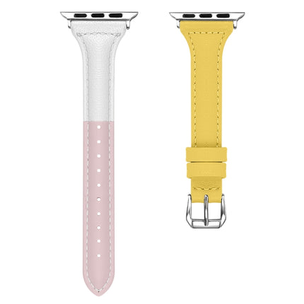 Three-color T-shape Leather Watch Band For Apple Watch Series 9&8&7 41mm / SE 3&SE 2&6&SE&5&4 40mm / 3&2&1 38mm (White Pink+Yellow)-garmade.com