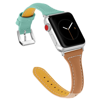 Three-color T-shape Leather Watch Band For Apple Watch Ultra 49mm&Watch Ultra 2 49mm / Series 9&8&7 45mm / SE 3&SE 2&6&SE&5&4 44mm / 3&2&1 42mm (Apricot Brown + Mint Green)-garmade.com