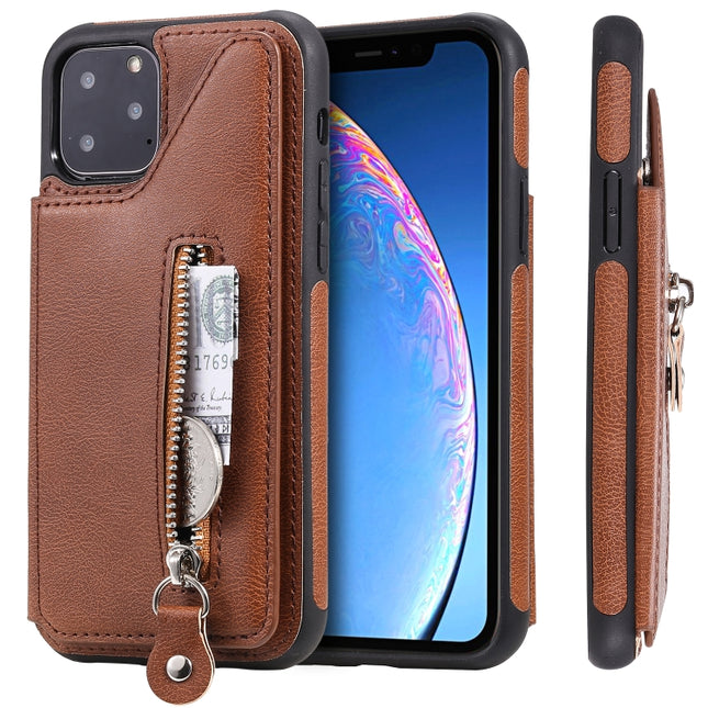 For iPhone 11 Pro Solid Color Double Buckle Zipper Shockproof Protective Case(Brown)-garmade.com