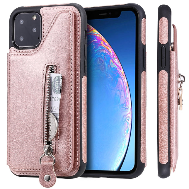 For iPhone 11 Pro Solid Color Double Buckle Zipper Shockproof Protective Case(Rose Gold)-garmade.com