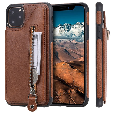 For iPhone 11 Pro Max Solid Color Double Buckle Zipper Shockproof Protective Case(Brown)-garmade.com