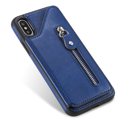 For iPhone X Solid Color Double Buckle Zipper Shockproof Protective Case(Blue)-garmade.com