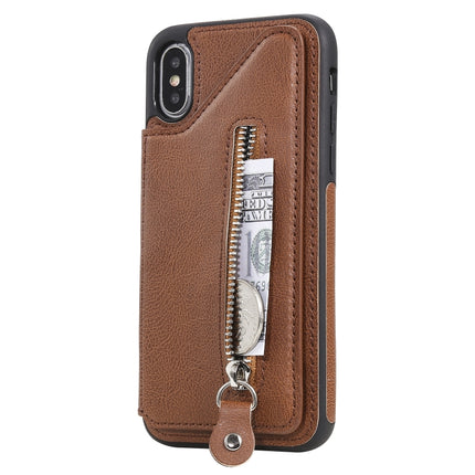 For iPhone X Solid Color Double Buckle Zipper Shockproof Protective Case(Brown)-garmade.com