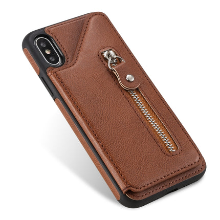 For iPhone X Solid Color Double Buckle Zipper Shockproof Protective Case(Brown)-garmade.com