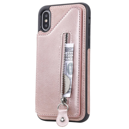 For iPhone X Solid Color Double Buckle Zipper Shockproof Protective Case(Rose Gold)-garmade.com