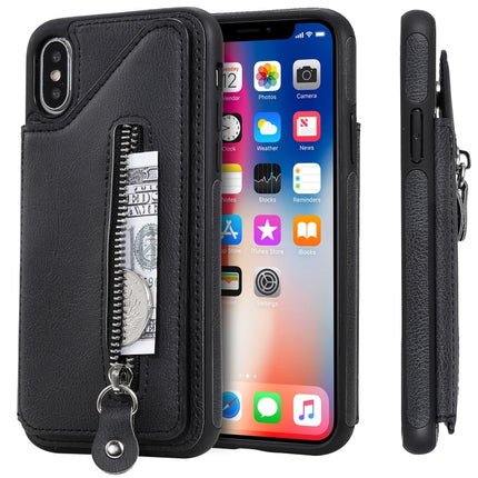 For iPhone X Solid Color Double Buckle Zipper Shockproof Protective Case(Black)-garmade.com