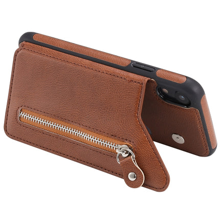 For iPhone XR Solid Color Double Buckle Zipper Shockproof Protective Case(Brown)-garmade.com