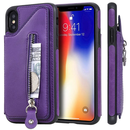 For iPhone XS Solid Color Double Buckle Zipper Shockproof Protective Case(Purple)-garmade.com
