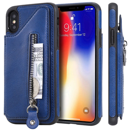For iPhone XS Solid Color Double Buckle Zipper Shockproof Protective Case(Blue)-garmade.com