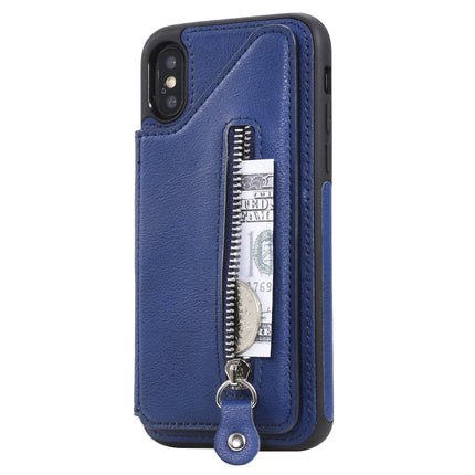 For iPhone XS Solid Color Double Buckle Zipper Shockproof Protective Case(Blue)-garmade.com