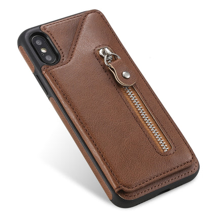 For iPhone XS Solid Color Double Buckle Zipper Shockproof Protective Case(Brown)-garmade.com