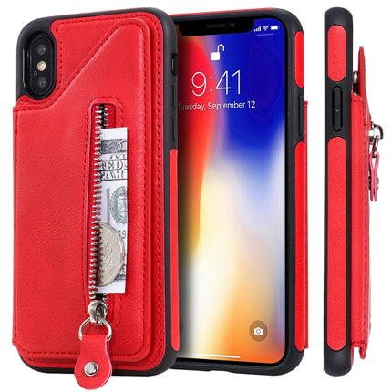For iPhone XS Solid Color Double Buckle Zipper Shockproof Protective Case(Red)-garmade.com