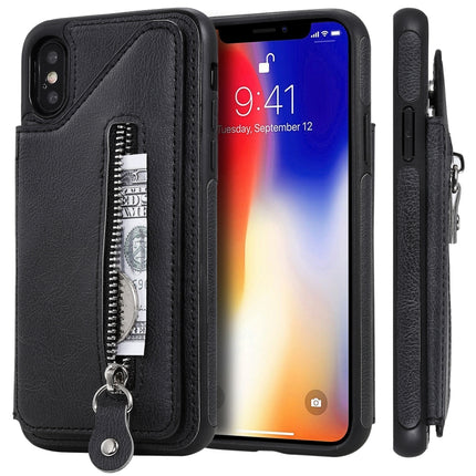 For iPhone XS Solid Color Double Buckle Zipper Shockproof Protective Case(Black)-garmade.com