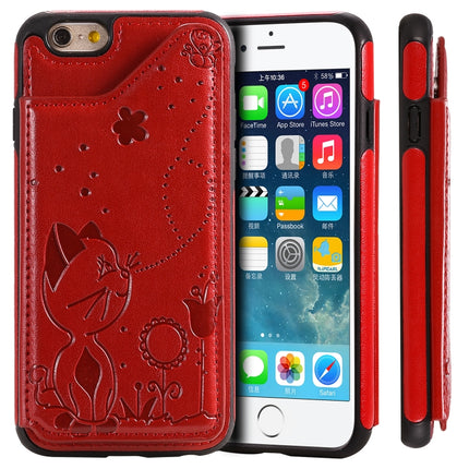 For iPhone 6 Cat Bee Embossing Pattern Shockproof Protective Case with Card Slots & Photo Frame(Red)-garmade.com