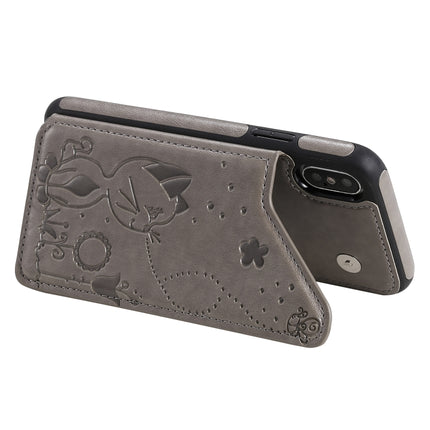For iPhone X Cat Bee Embossing Pattern Shockproof Protective Case with Card Slots & Photo Frame(Grey)-garmade.com